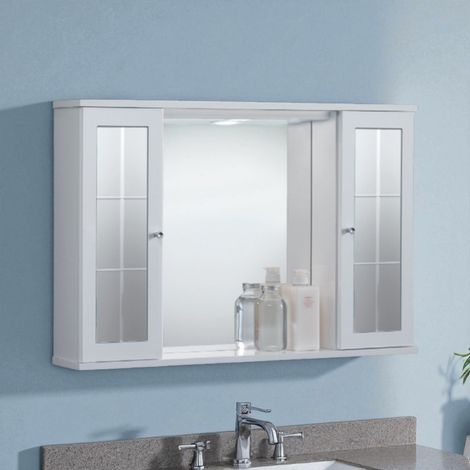Specchiera da bagno PLUTONE 90 bianco lucido a 2 ante con specchi e luce LED (1/4)