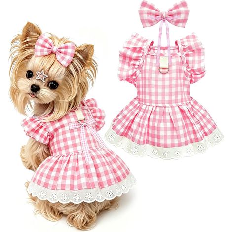 Robe-harnais à motifs floraux pour petit chien ou chat avec nœud et anneau pour laisse – Tenue d'été douce et respirante à volants pour chiot femelle (Rose à carreaux, Taille S) (1/5)