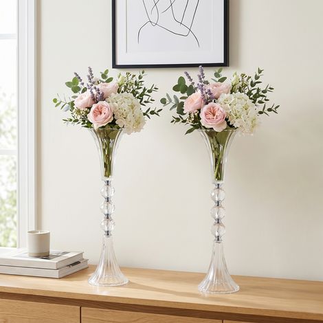 Lot de 2 vases en acrylique en forme de trompette, 63cm vases de table argentés en forme de trompette pour mariages et anniversaires (1/5)