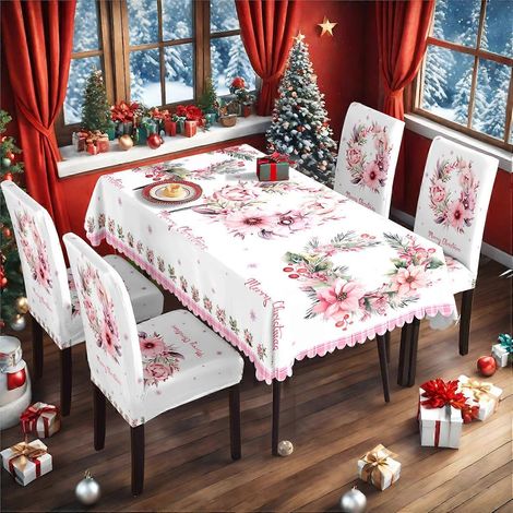 Ensemble de 4 housses de chaises et de tables de Noël (nappe imperméable 140 x 210 cm + 4 chaises) - Tissu antidérapant imprimé (1/3)