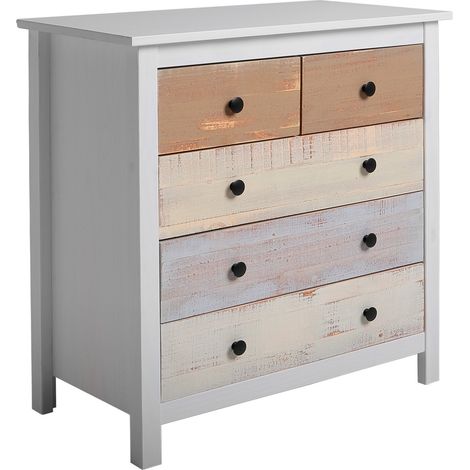 Vs Venta-Stock – Commode enfant blanche en pin massif – Tiroirs multicouleurs avec guides métalliques – Dimensions 79x40x80 cm