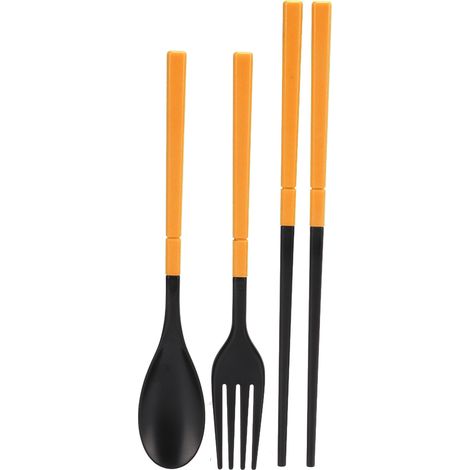 Ensemble de couverts en plastique ABS comprenant une cuillère, une fourchette et des baguettes, pliable et portable pour l'extérieur (jaune). (1/5)