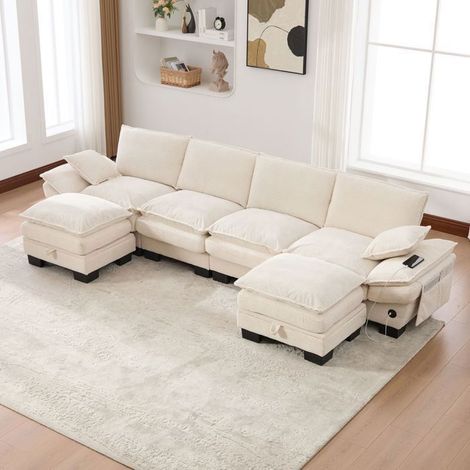Canapé d'angle - SOGEU - Modulable 4 places + 2 poufs - Velours côtelé beige - Port USB-C - Coffre rangement (1/5)
