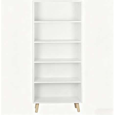 Bibliothèque étagère sur pied blanche 60 x 24 x 144 cm, 5 compartiments, pieds en bois, MODENUIT (1/5)