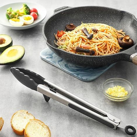 Küchenzange, 3-teiliges Set, 23 cm lange Grillzange aus Edelstahl mit Halterung, beschädigt keine Küchenutensilien, BPA-frei, aus lebensmittelechtem Silikon, hitzebeständig und rutschfest, maschinenwa
