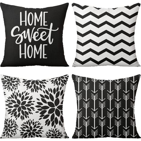Housse de coussin décorative noire 45x45 cm, lot de 4 taies en lin géométrique pour canapé, salon, ferme, terrasse, intérieur et extérieur, décoration maison.