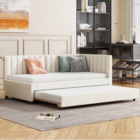 Lit 90x200 avec lit gigogne rembourré beige OKMYHOME (1/5)