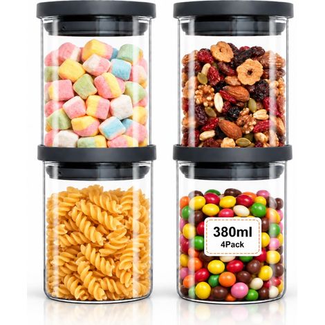 4 Bocaux en Verre Hermétiques - Bocal en Verre Avec Couvercle Sans BPA, Set de Récipient en Avec Couvercle pour Cuisine (380ml), Stockage Aliments Secs (1/5)