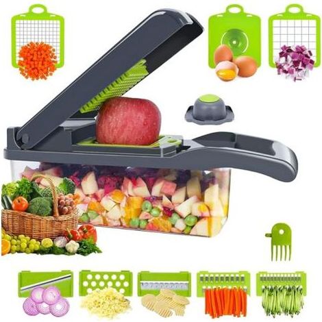 Trancheuse, coupe-légumes multifonction 12 en 1, 7 lames interchangeables en acier inoxydable avec séparateur d'œufs, protège-mains idéal pour couper les fruits (1/4)
