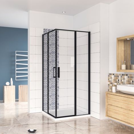 Box Doccia Angolare 100x90 cm H.185 cm Doppia Porta Battente in Vetro Temperato Trasparente Anticalcare 6 mm Profilo Nero Opaco (1/5)