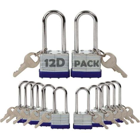 Set mit 12 identischen, abschließbaren Vorhängeschlössern, 40 mm Walzstahl, rostfrei, für Schließfächer, Zäune und Tore