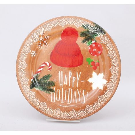 Plato decorativo de PVC marrón con cappello navideño 33 cm
