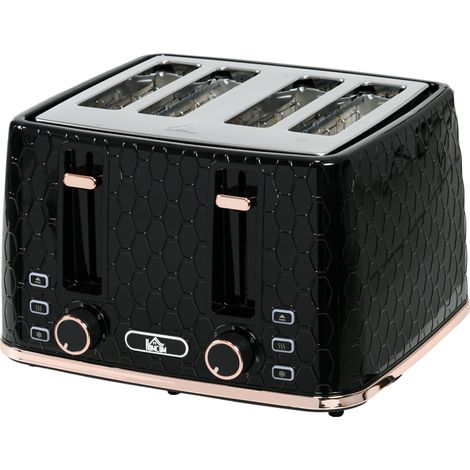 Grille-pain 4 tranches avec 7 niveaux de brunissage, remontée automatique, fonctions réchauffage/décongélation/arrêt, 1860 W, noir avec structure alvéolée (1/5)