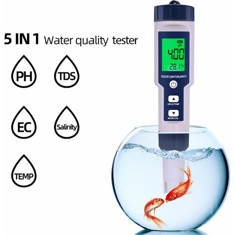 Green Mobility-5 En 1 Testeur De Qualité De LEau, Analyseur De La Qualité De LEau, Détecteur De PH/ TDS/ EC/ Température/Salinité, écran Rétroéclairé Résistant à LEau IP67 (1/5)