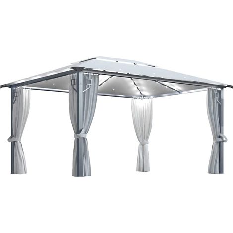 vidaXL Cenador con cortina y tira luces LED aluminio crema 400x300 cm (1/2)