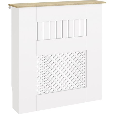 Couvercle de Radiateur en Bois, Cache Radiateur Moderne à Lattes avec Détails Croisés et Étagère Supérieure, pour Salon, Chambre à Coucher, Couloir, 78 x 19 x 81 cm, Blanc (1/5)