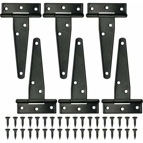 Lot de 6 charnières en T noires pour portes de grange, 10 cm (4 pouces), extérieures, avec 36 vis. Charnières robustes en fer pour portes, fenêtres et abris de jardin. (1/5)