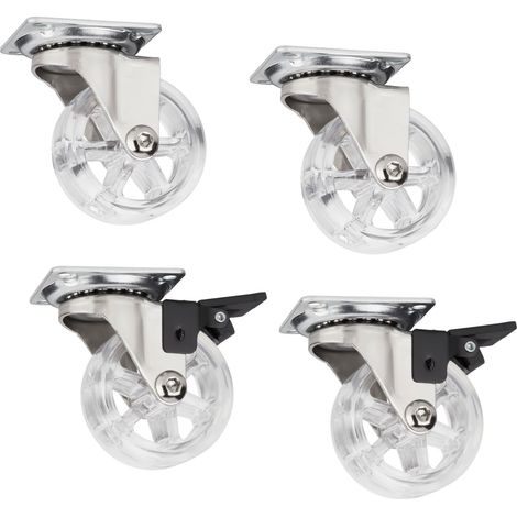 4er Set dekorative Design Möbelrollen RAPID Rollen-Ø 50 mm transparent (2 x mit Bremse + 2 ohne Bremse), Tragkraft 35 Kg, Höhe 64 mm, Möbellenkrollen von SOTECH