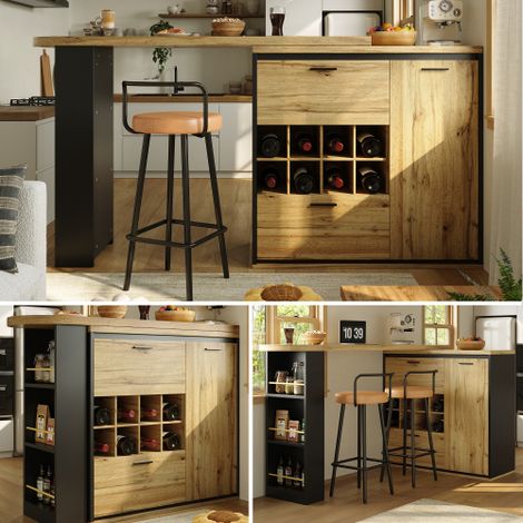 Bar extensible 138-220 × 39 × 105 cm avec rangement, plateau imitation bois, table de cuisine multifonction avec tiroirs et porte-bouteilles pour cuisine et salon (1/5)