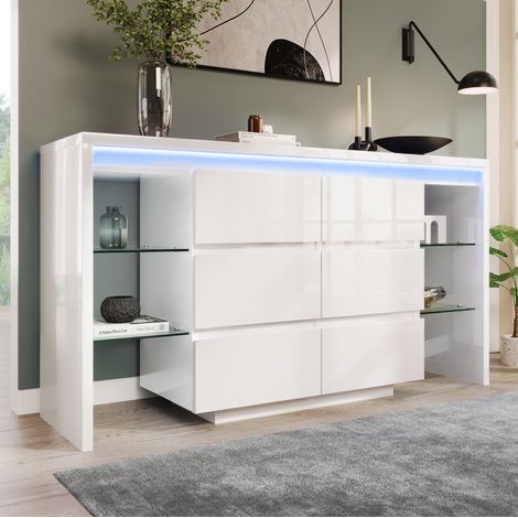 Credenza 155 x 40 x 80 cm in MDF e vetro bianco lucido, con contenitore FloraGrace (1/5)