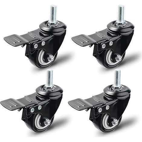 Ruote girevoli da 50 mm con freno, set di 4 ruote per mobili, ruote girevoli, carico massimo 200 kg, nere (nero)