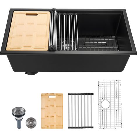 VEVOR Lavello da Cucina in Granito 838 x 482 x 254 mm per Montaggio a Superficie, Lavello da Cucina da Incasso in Stile Rurale con Accessori, per Camper, Cucine di Preparazione, Bar, Nero