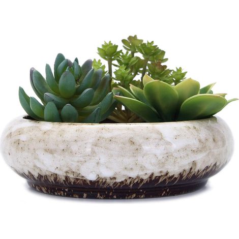 Pot de fleurs rond en céramique émaillée avec trou de drainage, pour bonsaï, décoration de jardin, cactus chinois blanc (1/5)