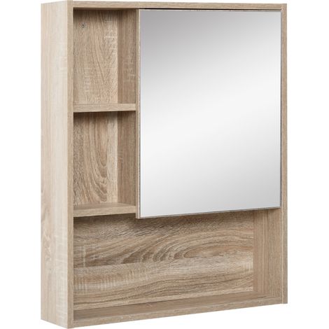 Armoire murale salle de bain avec miroir meuble salle de bain 5 compartiments et étagère réglable 60x15x76cm chêne (1/5)