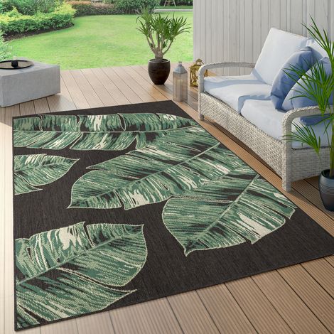 Paco Home Outdoor Teppich Wetterfest Balkon Palmen Dschungel Florales Boho Muster Grün 150 cm Quadrat, Schwarz 3