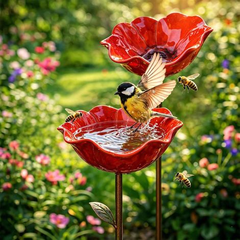 Vogeltränke – 14 x 14 x 65 cm – Hochwertiges Legierungsmaterial – Elegantes Blumendesign – Gartendekoration – Haustierbedarf – Rotes 2er-Pack (1/5)