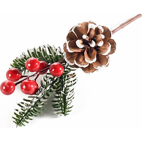 Rametti pick di pino con rametti e pigna innevata e bacche rosse, set da 24 pezzi, cm 12 H (con gambo 21)