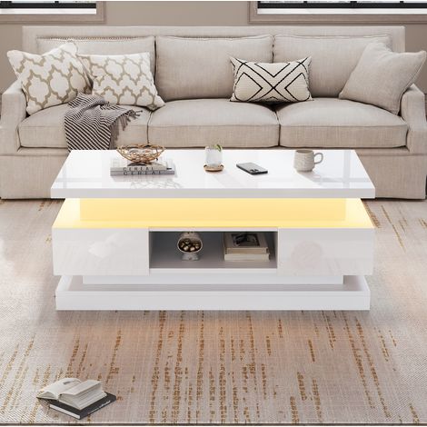 Mesa de centro elevable 100 x 50 x 40 cm con 2 cajones, LED, almacenamiento oculto, blanca HAVRYA (1/5)