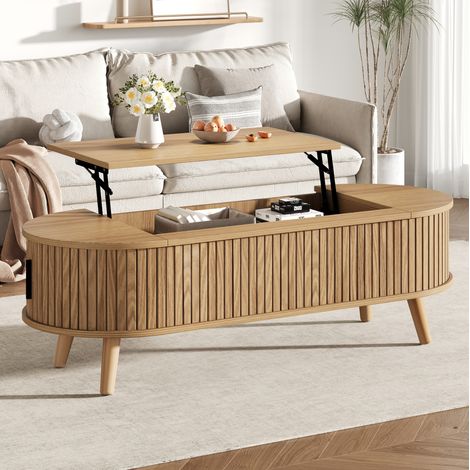 Table basse relevable 120x50x39,5 cm en MDF couleur naturelle, avec rangement pour salon FloraGrace (1/5)