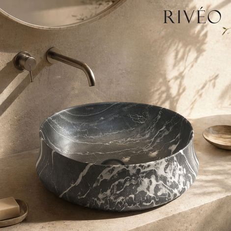 Vasque à poser ronde noire effet marbre blanc Ø45,5 x 15,5 cm en céramique avec bonde incluse - Rivéo