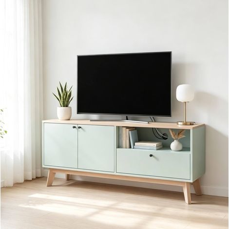 Mobile TV 120x35x50 cm in MDF verde chiaro, con contenitore per soggiorno FloraGrace (1/5)