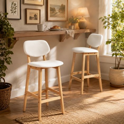 Set di 2 sgabelli da bar 43x38x92 cm in legno e similpelle bianca, FloraGrace (1/5)