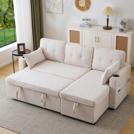 Ecksofa mit Schlaffunktion, Bettkasten & Getränkehalter, Beige (1/5)