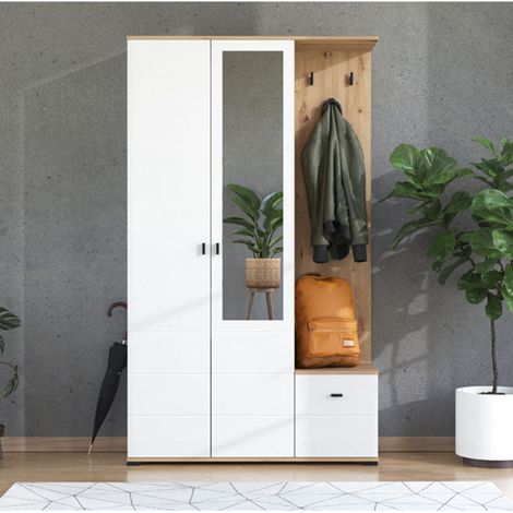 Eingangsmöbel Raroto, Spiegel inklusive, 4 Regale, Garderobe, 116x35x197h cm Weiß (1/5)