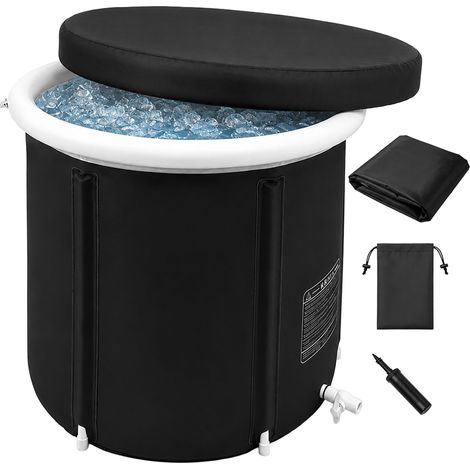 Relaxdays bañera de hielo hinchable para exterior, con tapa, 75 x 75 cm, nylon, negro, recuperación muscular (1/5)