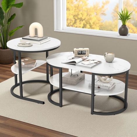 Set aus 2 Couchtischen - Moderner Stil - Tischplatte aus weißem Marmor - Schwarze Metallstruktur - Elegantes Design