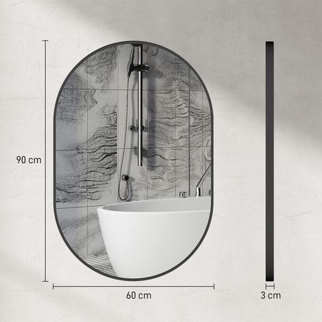 Miroir de salle de bain ovale mural avec cadre en aluminium, vertical ou horizontal, 60 x 90 cm, noir (1/5)