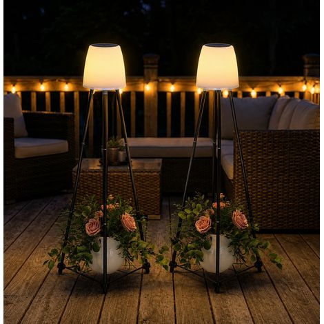 Lot de 2 Lampadaires Solaires Extérieurs avec Support pour Plantes en Métal - Lampe sur Pied 3 Modes (Blanc Chaud/RGB/Croissance), Étanche IPX4