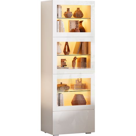 Vitrine blanche 60 x 40 x 173 cm, 3 portes acrylique, 1 tiroir, 3 étagères réglables en verre, LED pilotée par appli, meuble de salon MDF haut de gamme – CHICFURN (1/5)