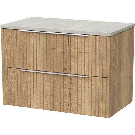 Callingwood Contemporary Wall Hung 2 Drawer Vanity Unit with Marble Plaster Laminate Worktop , 800mm, Autumn Oak
