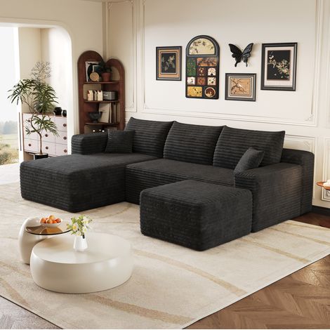 Ecksofa 241/151/58 cm in Schwarz aus Cord mit Chaise Longue, ohne Montage (1/5)