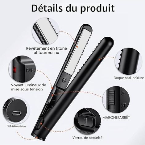 Fer à Lisser Mini Alimenté par USB, Lisseur Boucleur 2 en 1 en Céramique Tourmaline Pour Cheveux Courts, Frange