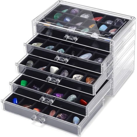 Vitrine für Steinsammlungen mit 5 Schubladen und 90 Acrylgittern, transparente Aufbewahrungsbox, Vitrine für Schmuck, Kristalle, Edelsteine und Sammlerstücke, 23,5 x 13,5 x 17 cm (1/5)