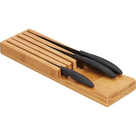 Relaxdays range couteaux de cuisine bambou, support couteaux pour 5 couteaux, bloc tiroir, 3,5 x 11 x 39 cm, nature (1/4)
