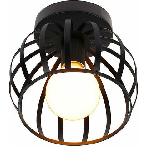 Plafonnier industriel vintage en forme de cage, 20 cm, noir, en métal fer, pour salon, chambre ou salle à manger (ampoule LED non incluse). (1/4)