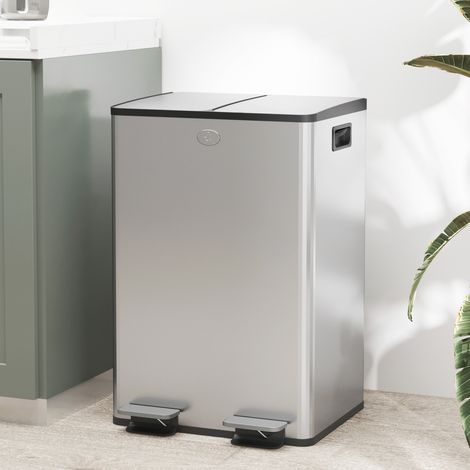 Cubo de basura doble para cocina, 2 x 28 L, 2 tapas de cierre suave, cubos interiores extraíbles y asas.